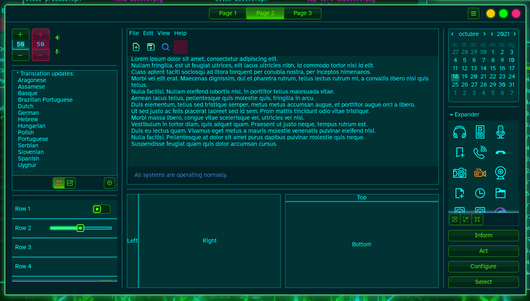 Second page of gtk3-widget-factory. It's a dark theme with cyan, green and teal accents. Disabled elements are clearly distinguishable because of their strong reddish tint.